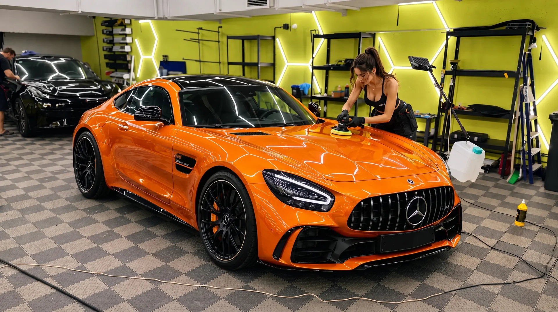 Полировка кузова автомобиля в студии Maxi Vinyl: мастер полирует капот оранжевого Mercedes-AMG GT